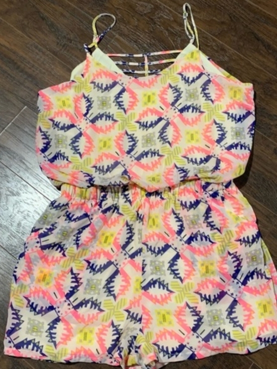 Liberty Love Pants - Women’s Neon Geo Print Romper - Pink, Yellow & Navy